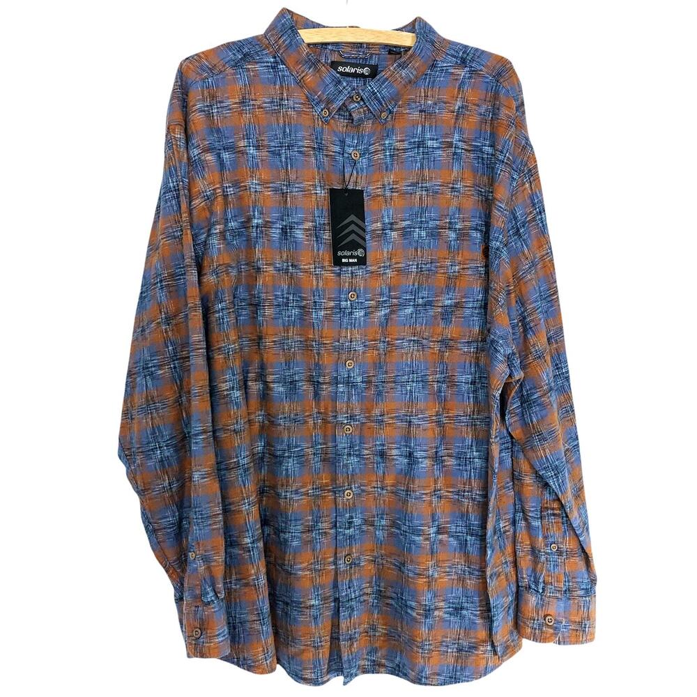 Solaris Outdoors Shirt Big & Tall 3XB Blue Plaid Long Sleeve Button Down NWT